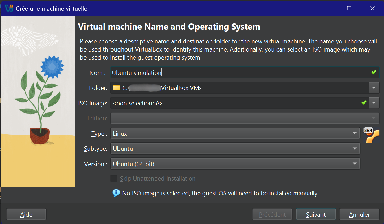Création de la machine virtuelle et sélection de l'ISO
